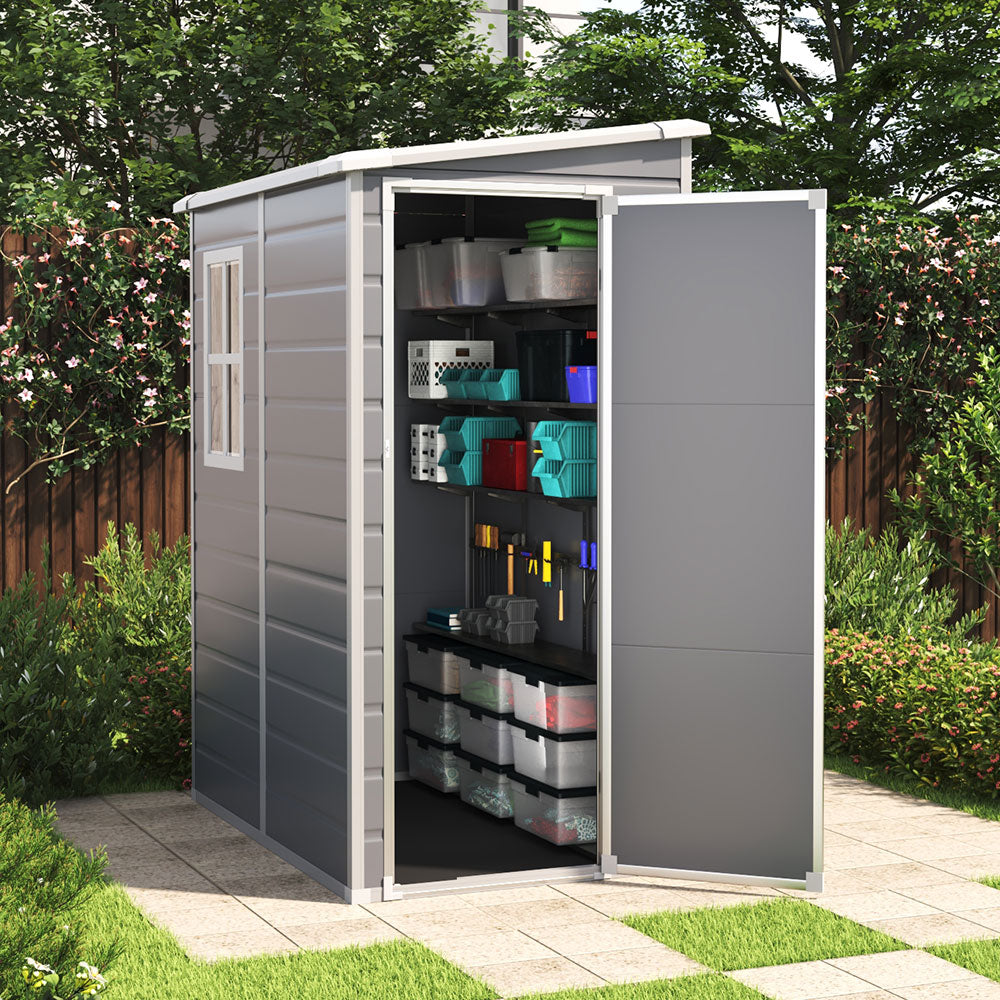 5x4ft grey plastic garden storage shed – waterproof outdoor shed with lockable double doors