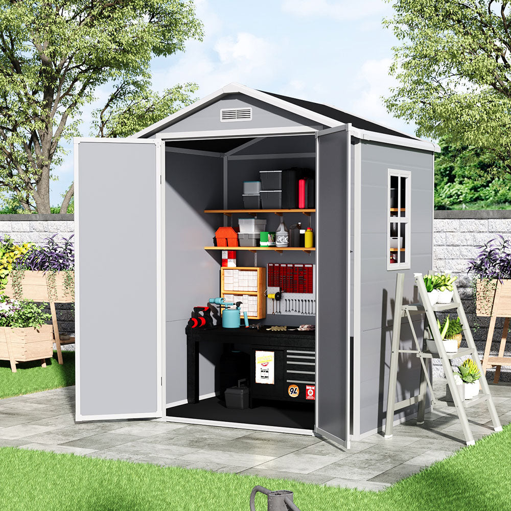 6x4ft grey plastic outdoor storage shed with double doors and sloped roof for garden tool organization