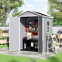 6x4ft grey plastic outdoor storage shed with double doors and sloped roof for garden tool organization