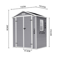 6x4ft grey plastic shed with annotated external dimensions for outdoor space planning