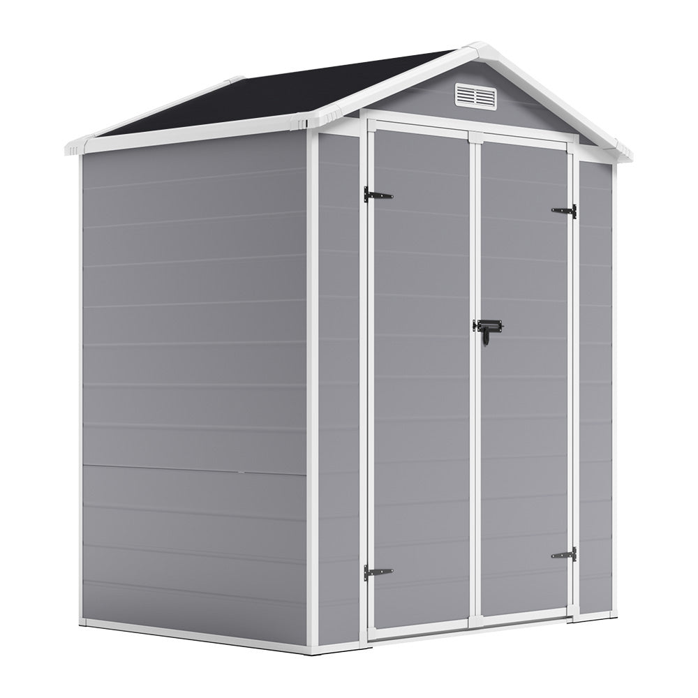 freestanding 6x4ft grey plastic garden storage shed with lockable double doors, shown on white background