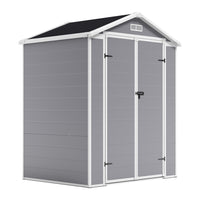freestanding 6x4ft grey plastic garden storage shed with lockable double doors, shown on white background