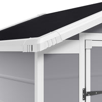 close-up of sloped roof and side wall design on 6x4ft plastic outdoor storage shed for water runoff