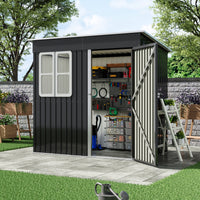Backyard view of 7x4ft garden shed with doors open – neatly storing tools and equipment outdoors