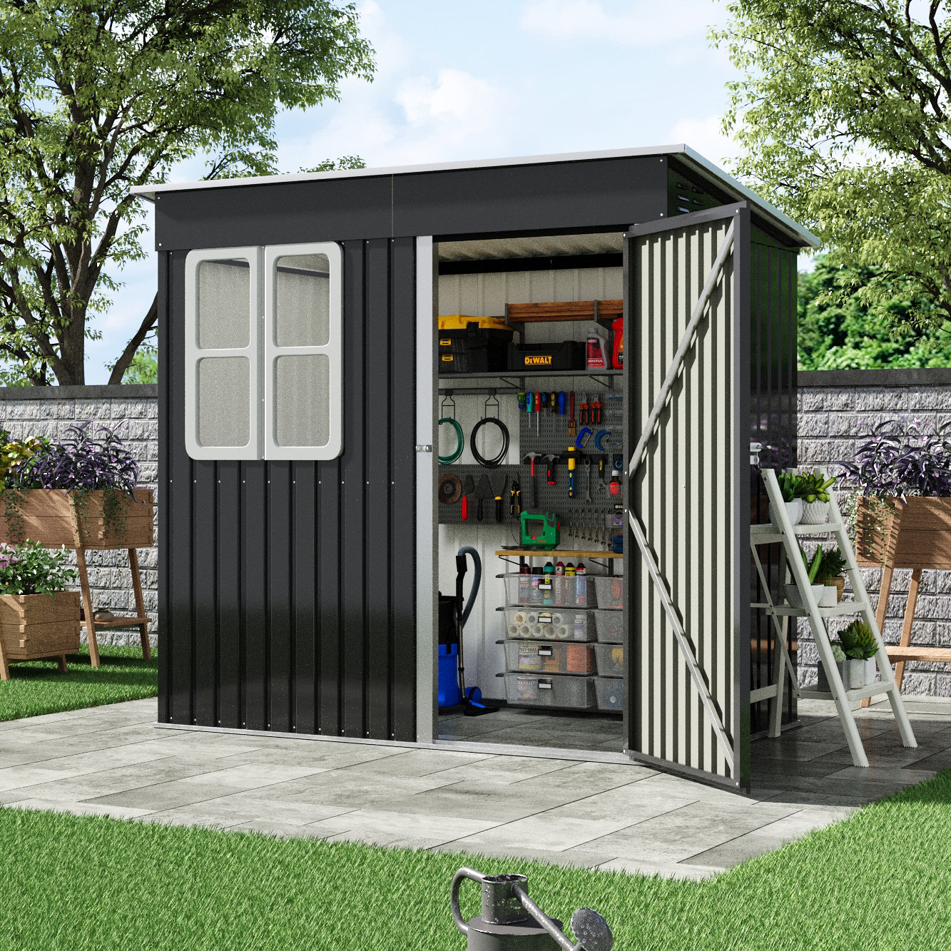 Backyard view of 7x4ft garden shed with doors open – neatly storing tools and equipment outdoors