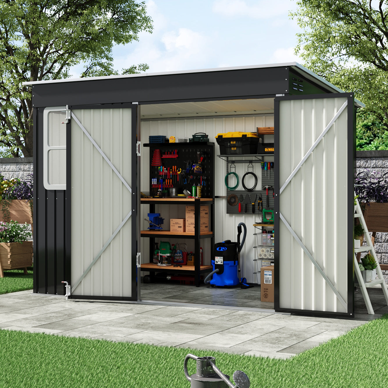 Open-door view of 9x6ft charcoal black garden shed – neatly organized outdoor tool storage in backyard setting
