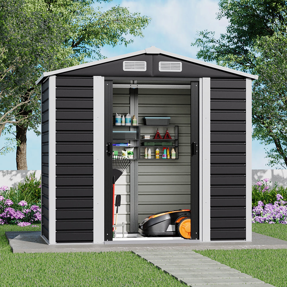 7x4ft charcoal black metal garden shed with sliding doors – sleek outdoor storage for tools and equipment