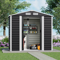 7x4ft charcoal black metal garden shed with sliding doors – sleek outdoor storage for tools and equipment
