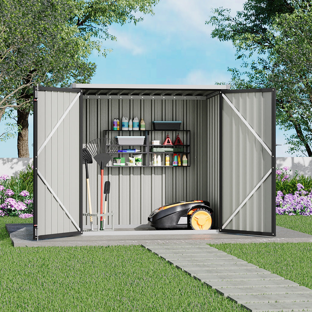 5x3ft anthracite grey tool shed with open doors in garden – organized outdoor storage for tools and equipment