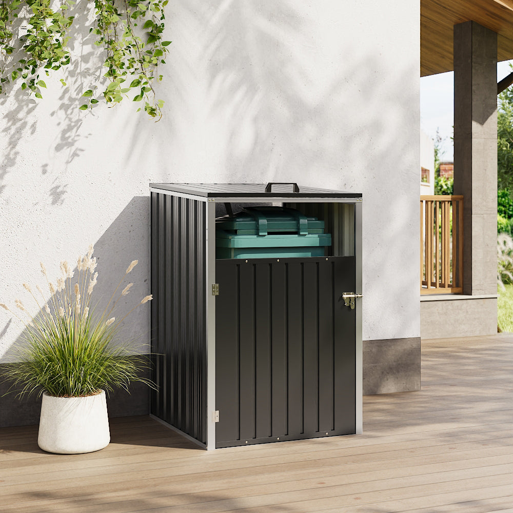 3x3ft charcoal black galvanized steel garbage can storage shed – compact outdoor bin shed with hinged door