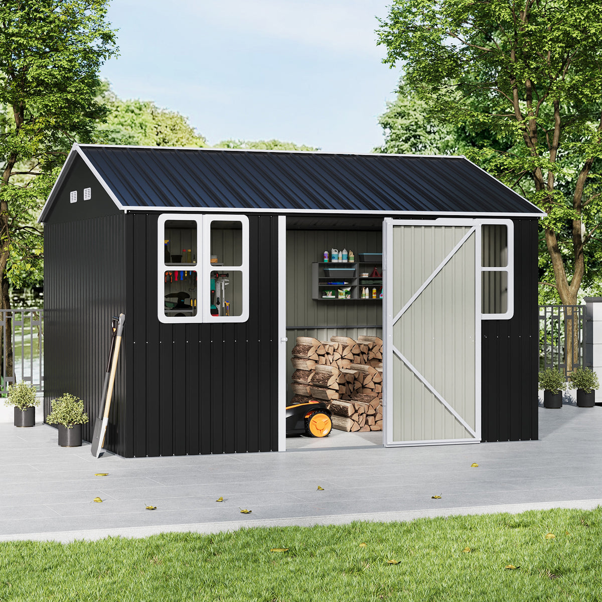 12x10FT Anthracite Metal Garden Shed With Windows Vents And Lockable Door