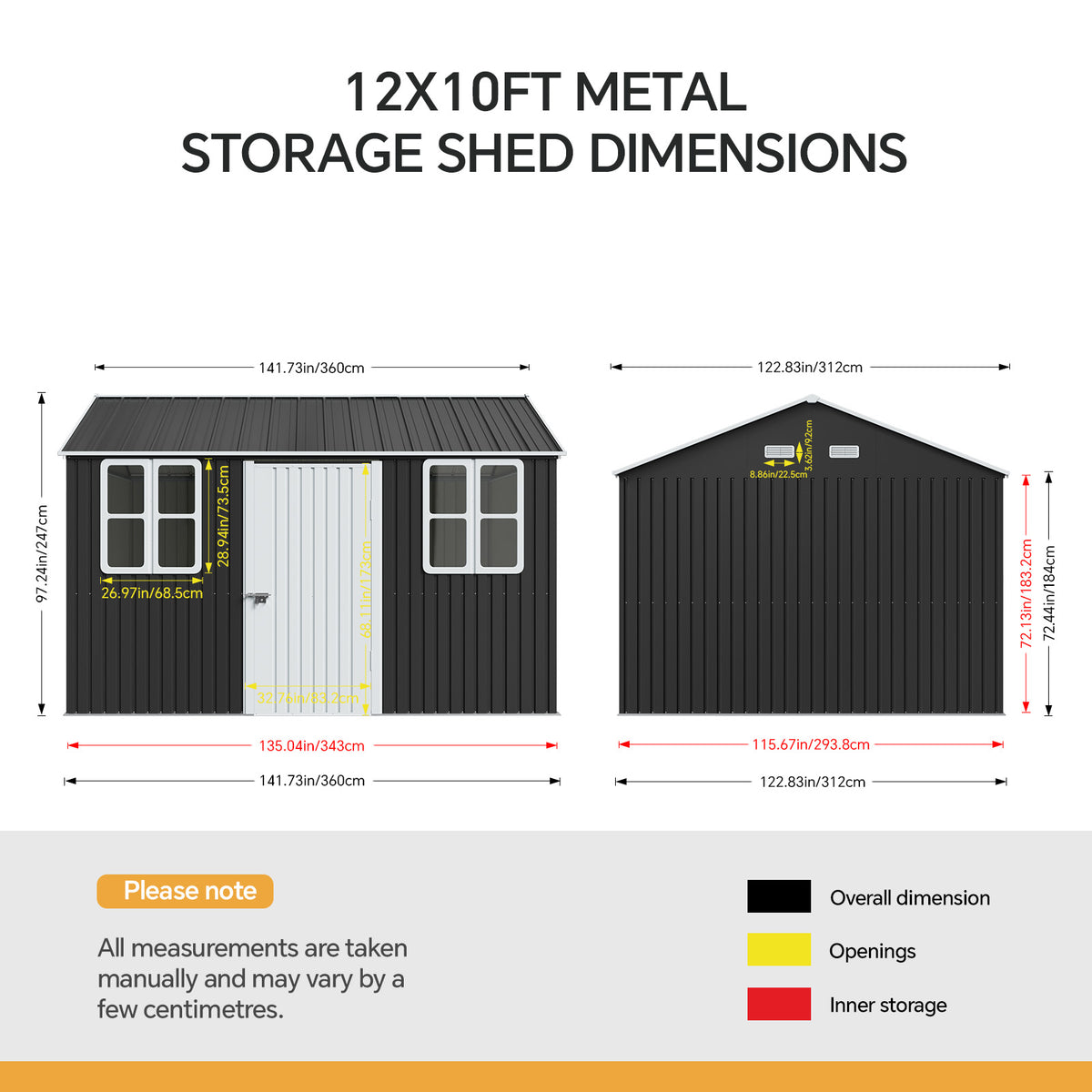 12x10FT Anthracite Metal Garden Shed With Windows Vents And Lockable Door