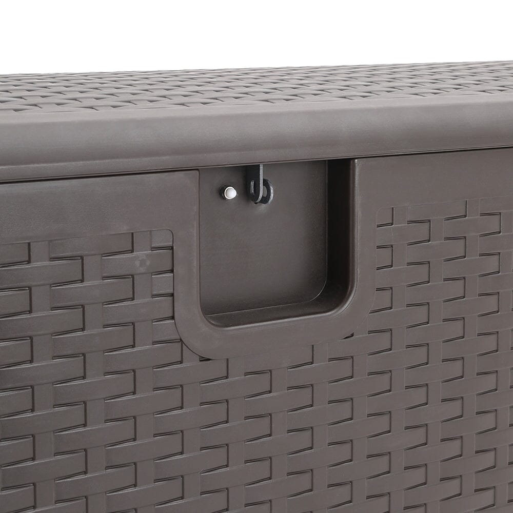 Detail of brown rattan box lid and handle – easy-to-open waterproof garden storage chest