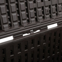Detailed view of opened lid and hinge of brown rattan deck box – waterproof storage solution