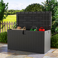 Black rattan lockable outdoor storage box – 127x56x63.5cm waterproof deck box for garden cushions and tools