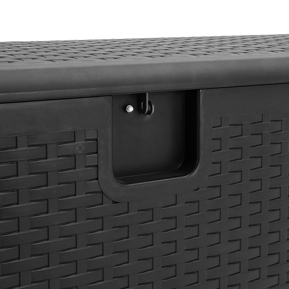 Close-up of open black rattan box lid and handle – easy access outdoor storage detail