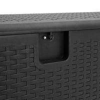Close-up of open black rattan box lid and handle – easy access outdoor storage detail