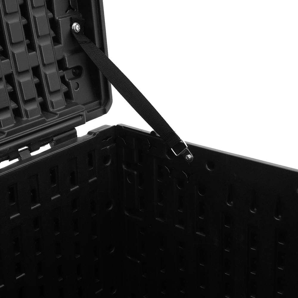 Detail of black rattan box hinge and lid connector – durable weather-resistant outdoor design