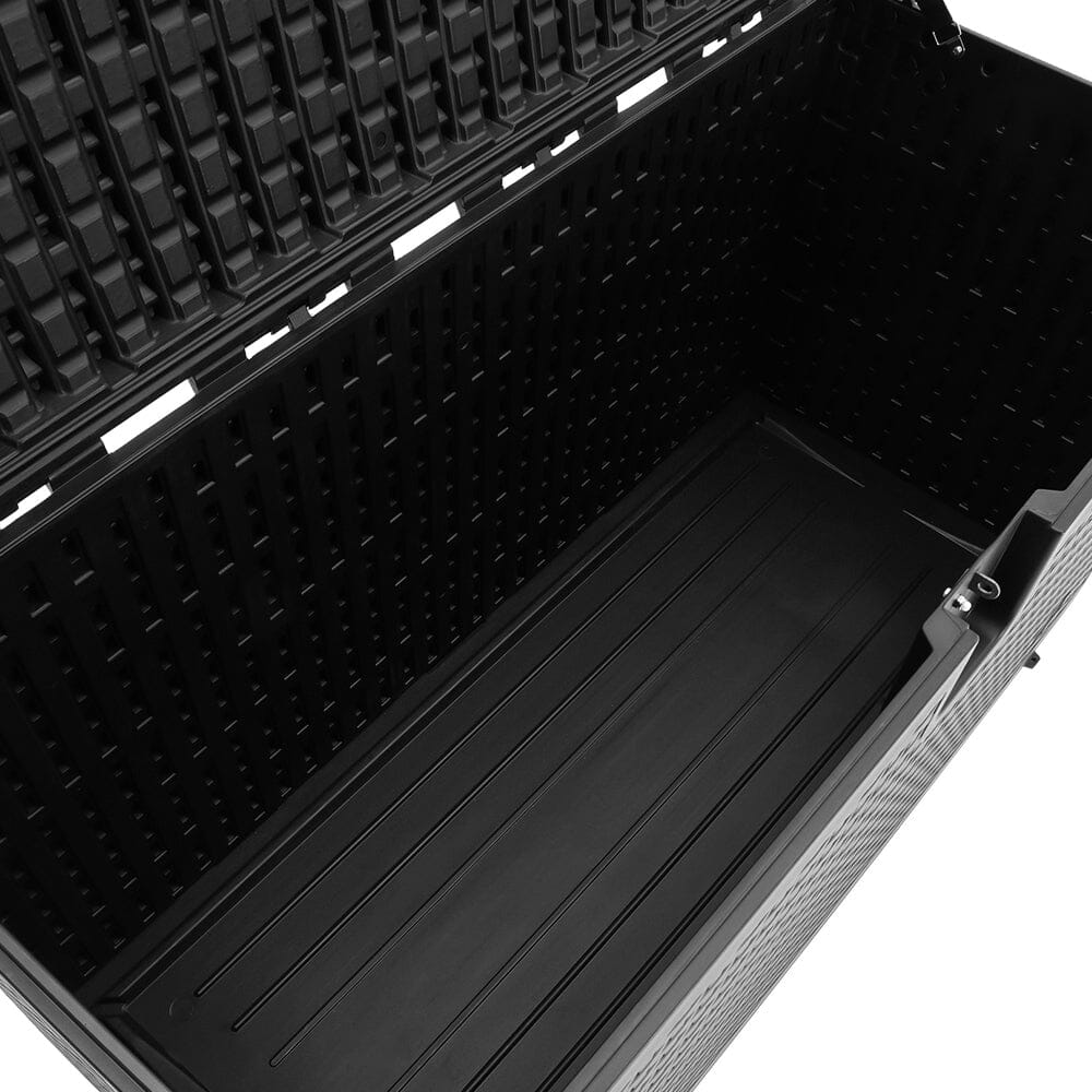 Internal view of black rattan outdoor deck box – waterproof and ventilated garden storage