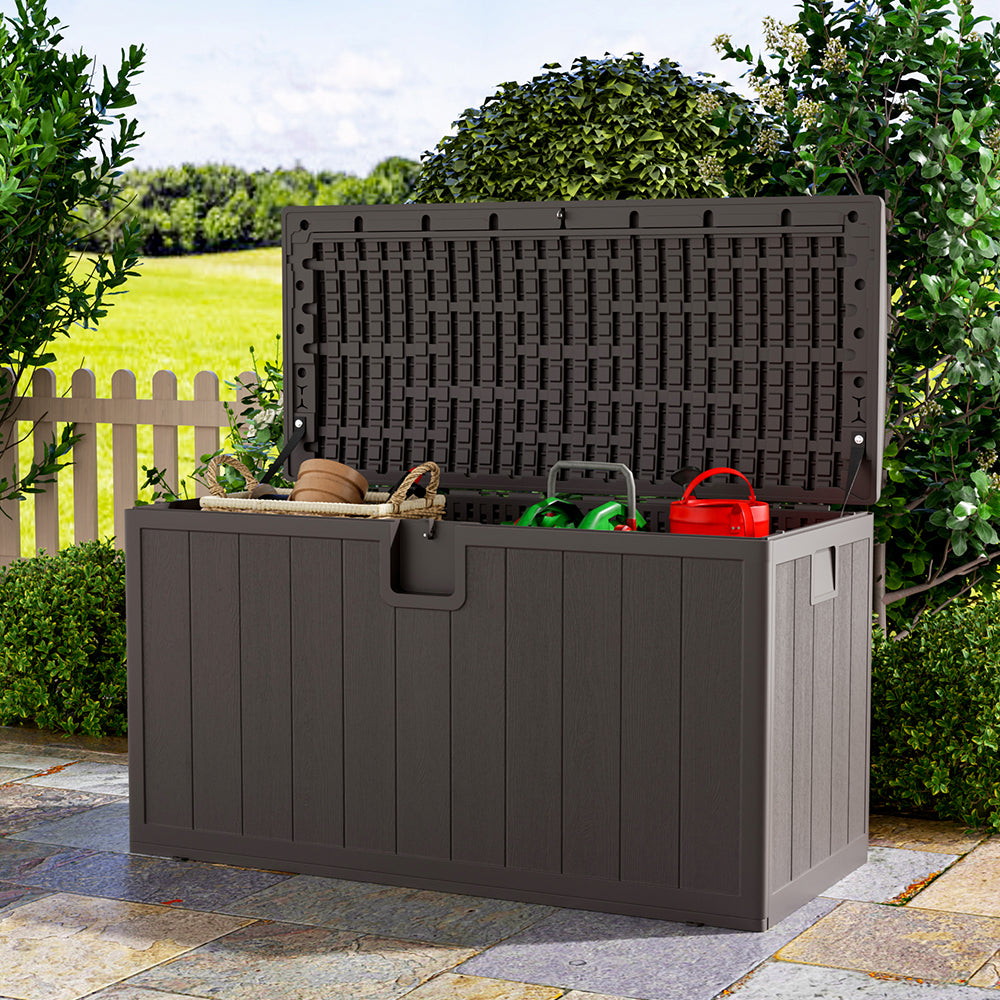 Large brown rattan outdoor storage box – 127x61x63.5cm waterproof garden deck chest with lockable lid