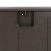 Close-up of brown rattan outdoor storage box handle and lock – secure access design detail