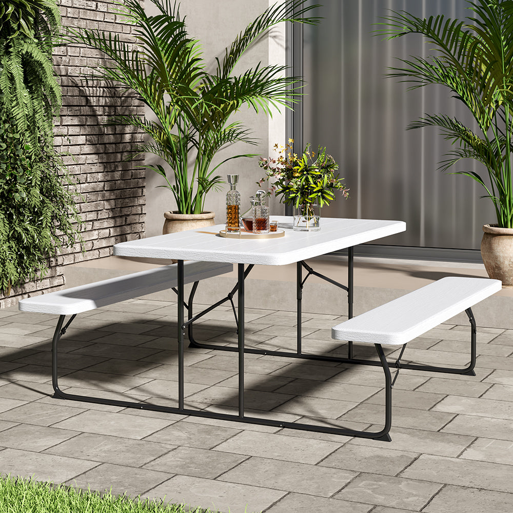 Garden Wood Texture Folding Patio Picnic Table with 2 Benches