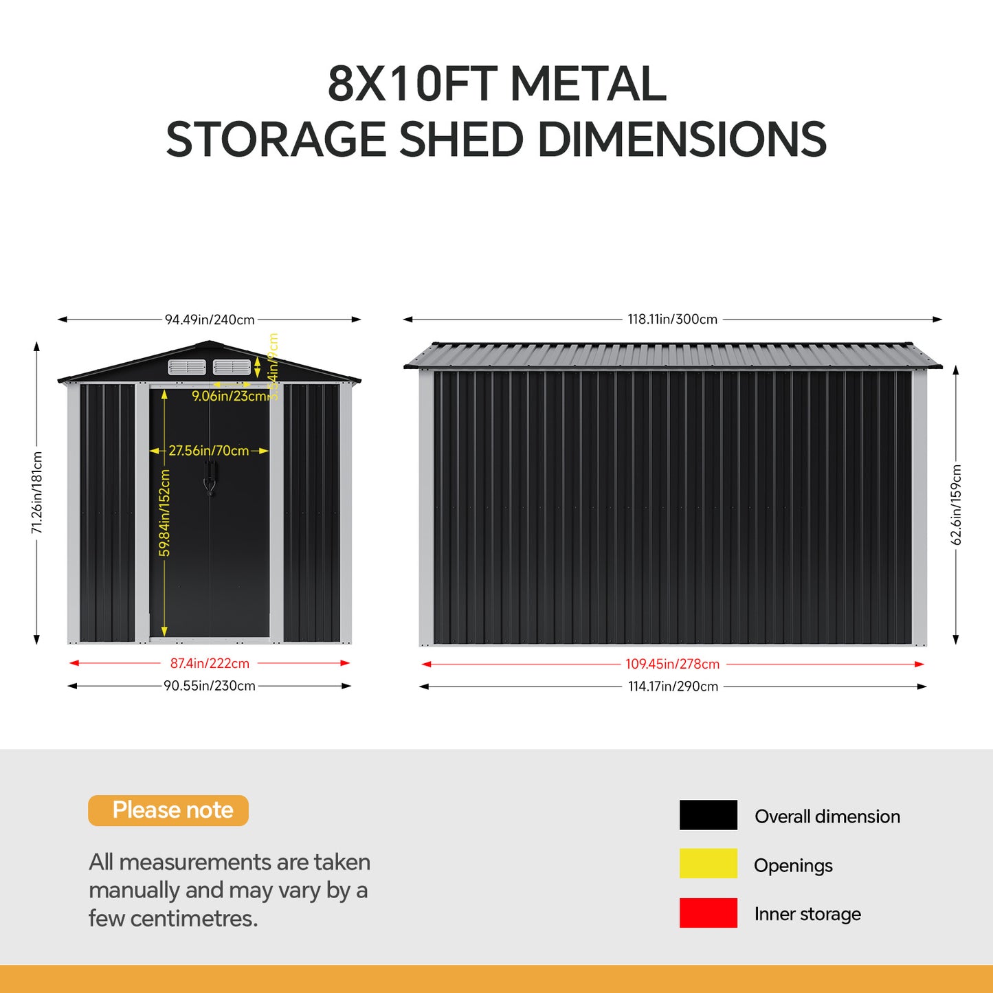 8x10FT Metal Garden Shed With Apex Roof Lockable Double Sliding Doors