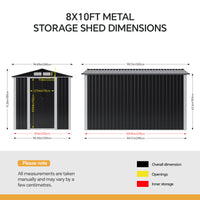 8x10FT Metal Garden Shed With Apex Roof Lockable Double Sliding Doors