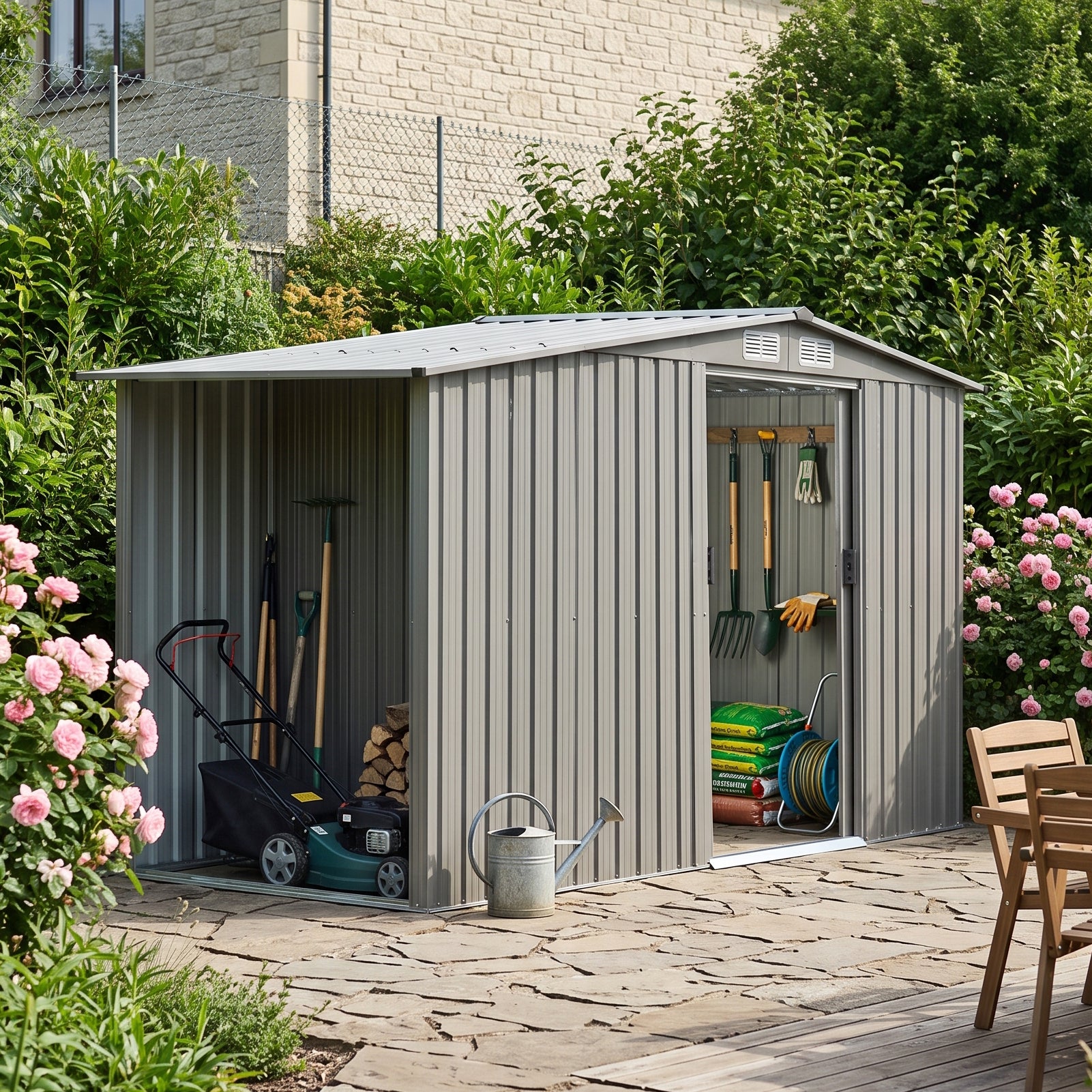 4x8FT Outdoor Metal Garden Tool Storage Shed with Log Storage
