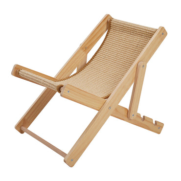 Adjustable sisal cat lounge chair with light wood frame, angled view
