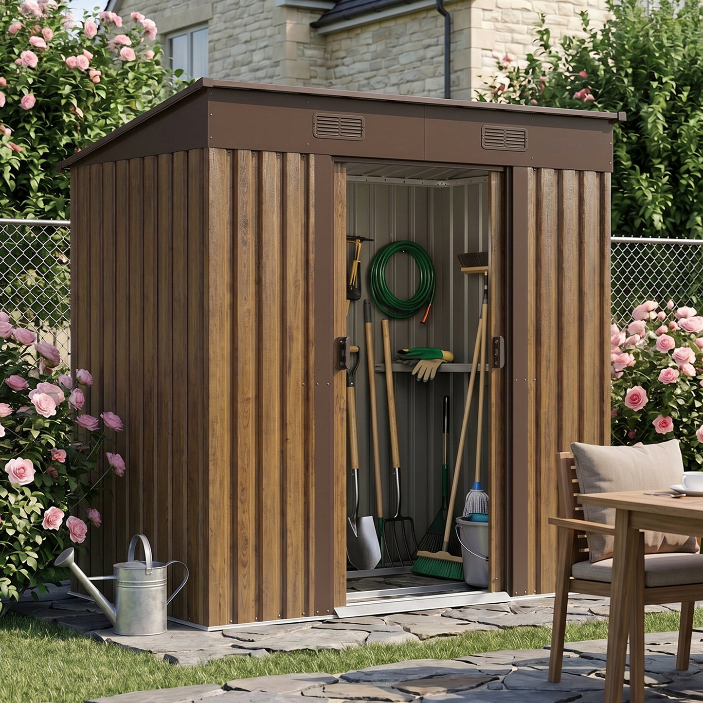 6x4FT Metal Garden Storage Shed with Lockable Sliding Doors