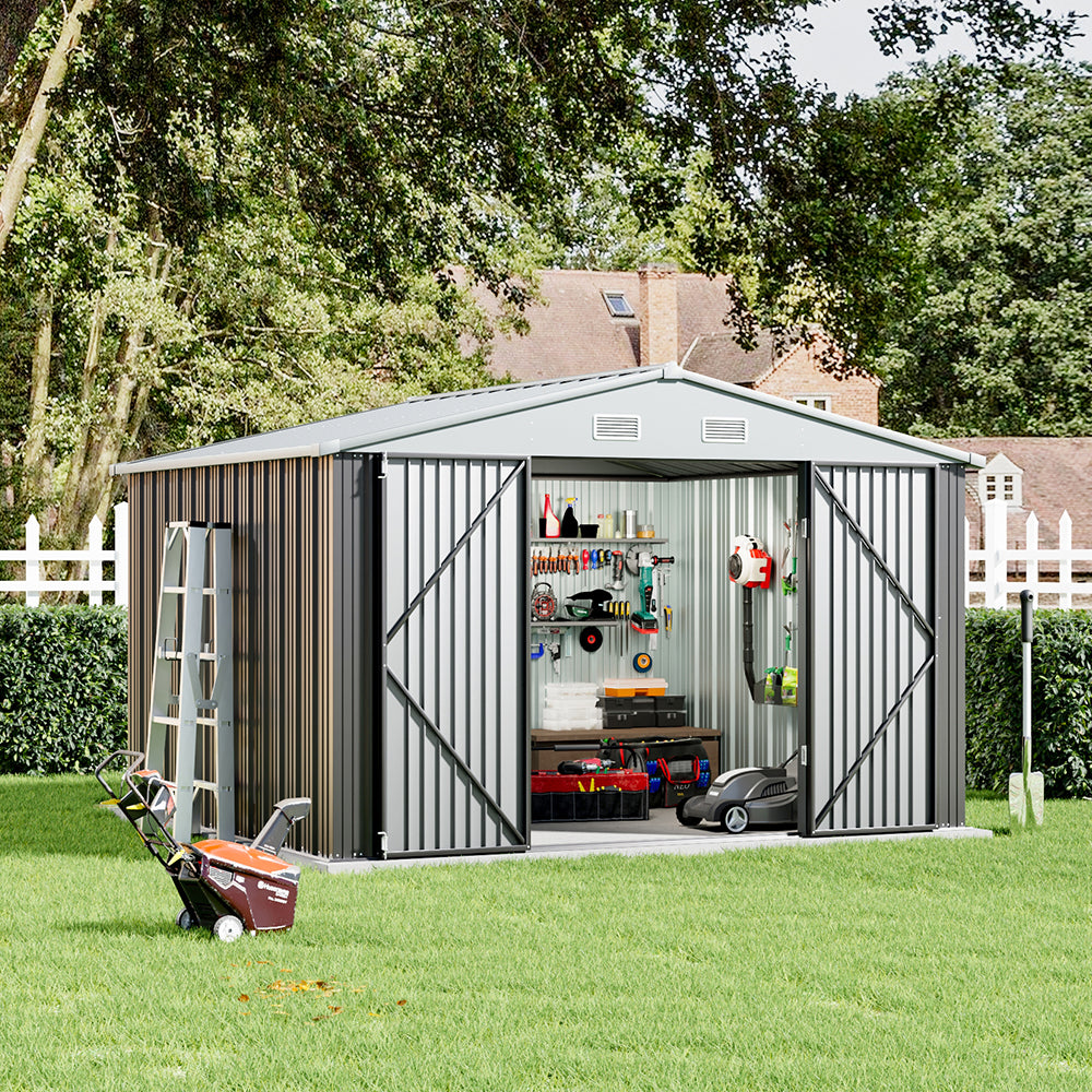 Spacious 10x10ft steel shed in backyard with open doors showing organized tool and motorcycle storage