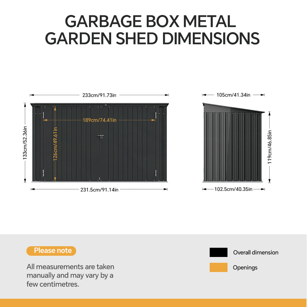 8x3ft Metal Wheelie Bin Storage Shed With Double Doors And Lockable Design