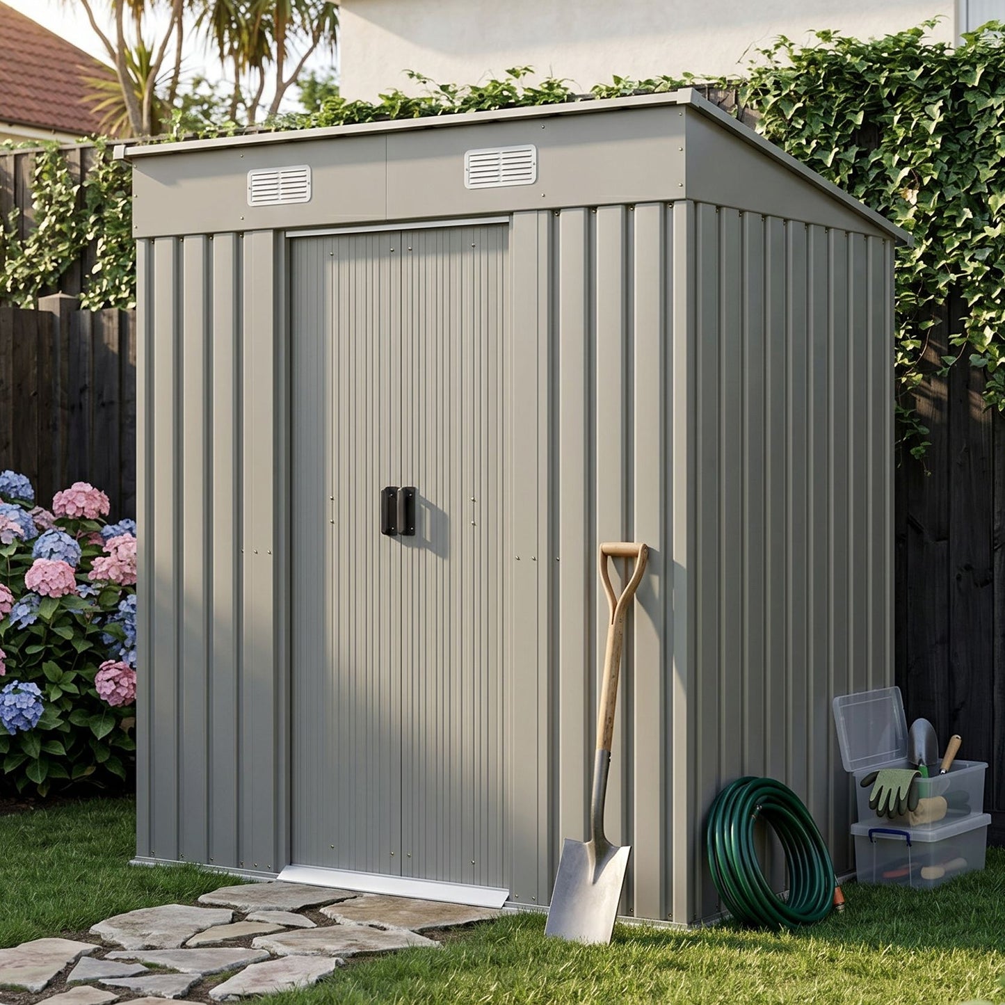 6x4FT Metal Garden Storage Shed with Lockable Sliding Doors