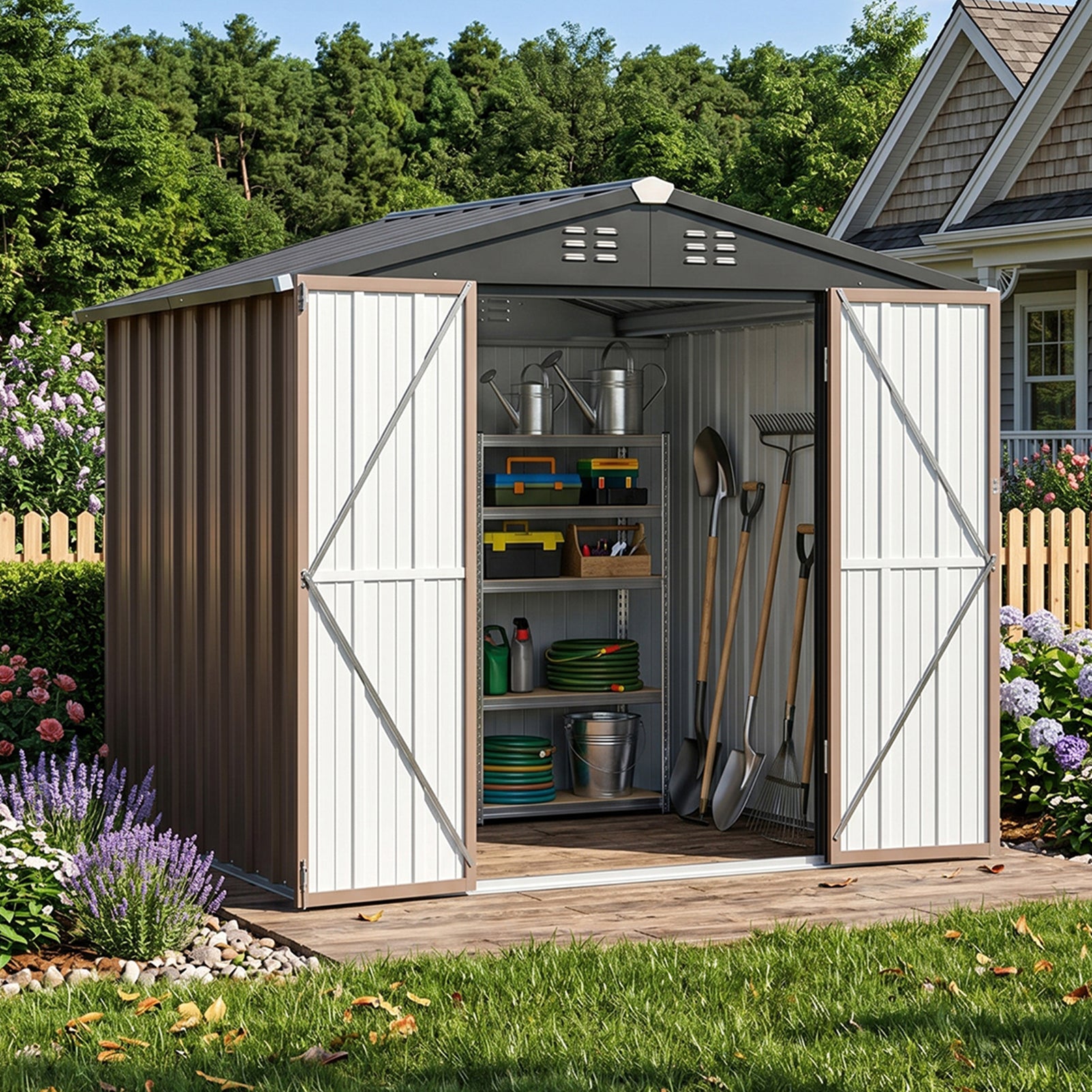 6x8FT Metal Garden Storage Shed with Lockable Double Doors