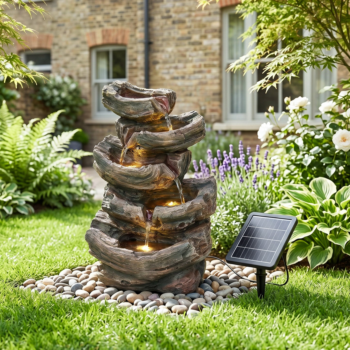 Solar-Powered Water Fountain Tree Stump Waterfall Gardening Decor