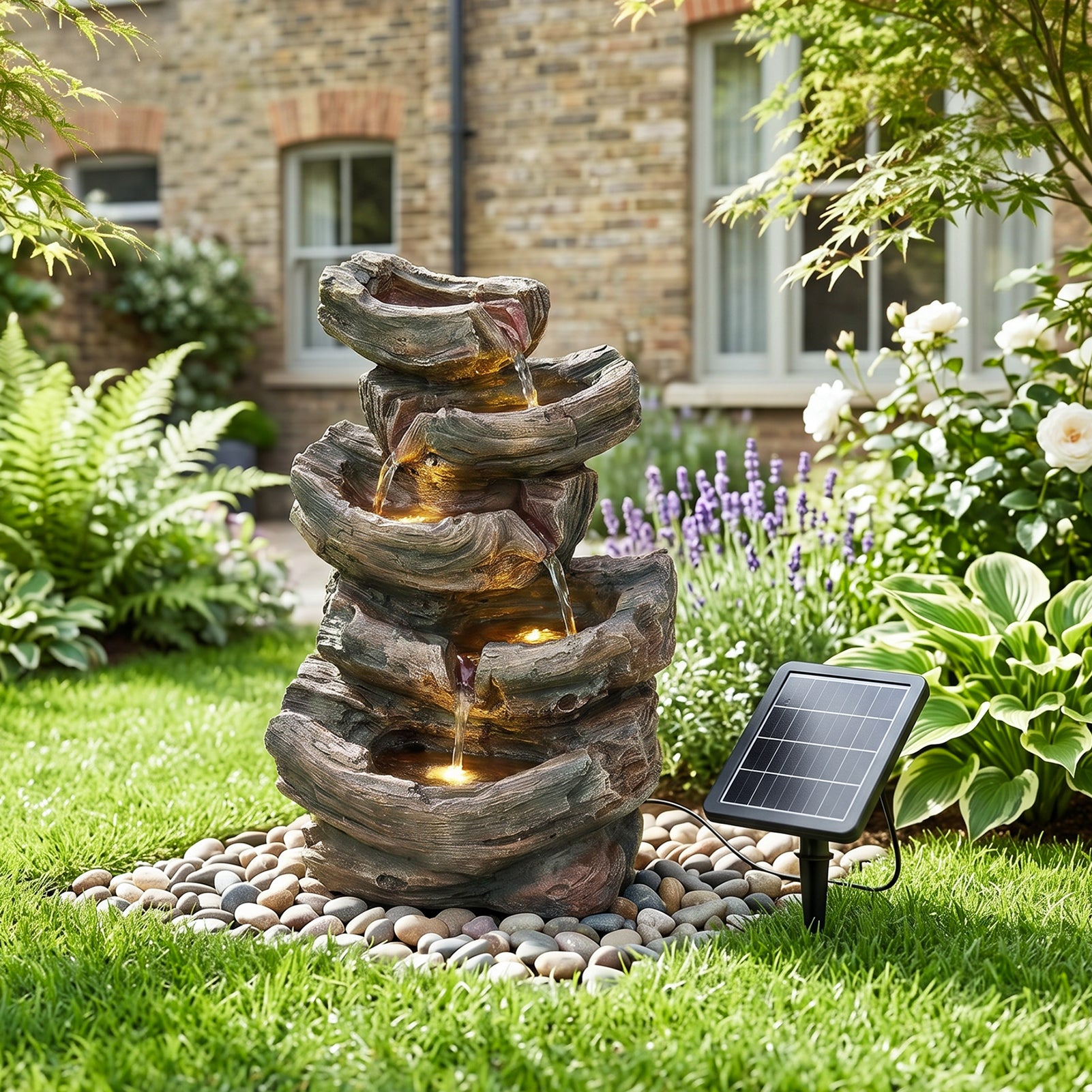Solar-Powered Water Fountain Tree Stump Waterfall Gardening Decor