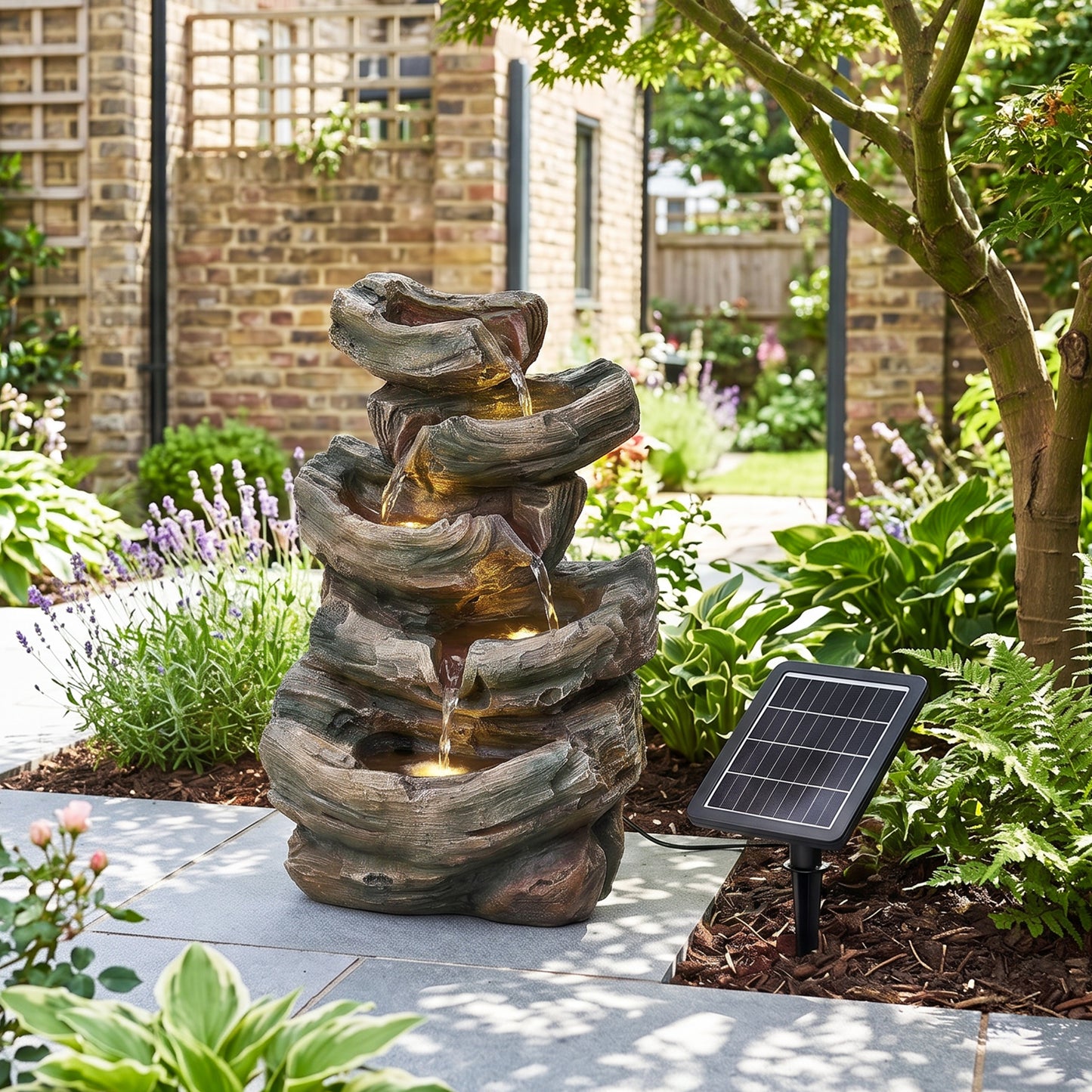 Solar-Powered Water Fountain Tree Stump Waterfall Gardening Decor