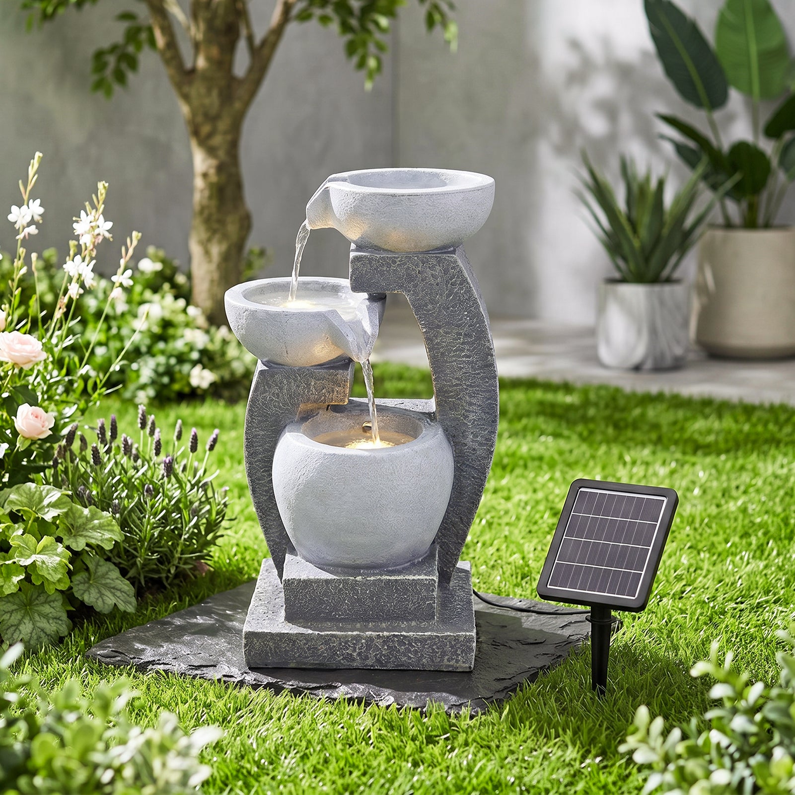 Solar-Powered Water Fountain Outdoor Garden Feature with LED Lights