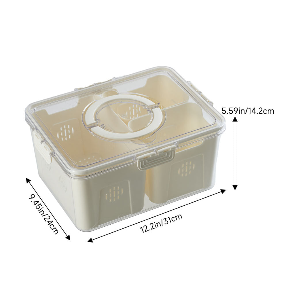 Three-compartment fridge storage container with clear lid and beige base, vented walls