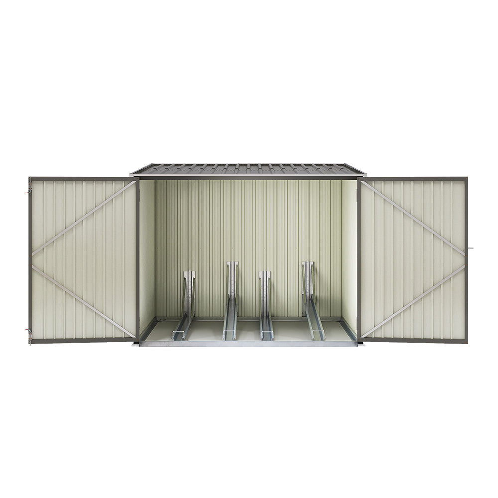 grey metal 6x7ft bike shed with lockable double doors and sloped roof, isolated on white background