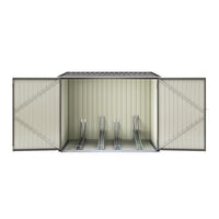 grey metal 6x7ft bike shed with lockable double doors and sloped roof, isolated on white background