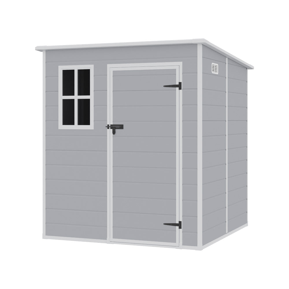 Freestanding 6x6ft grey polypropylene storage shed – durable plastic garden shed with door, window, and roof vent