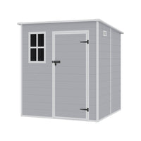 Freestanding 6x6ft grey polypropylene storage shed – durable plastic garden shed with door, window, and roof vent