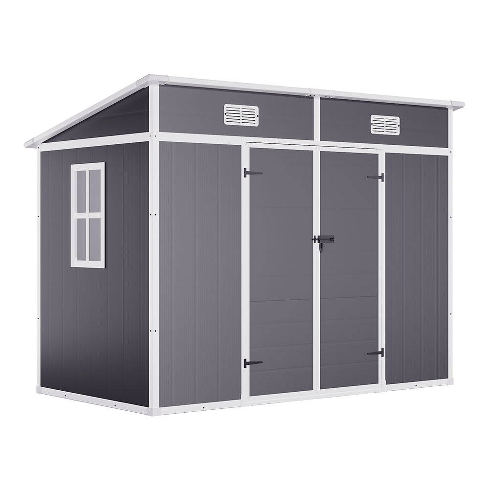 Freestanding 8x4ft outdoor plastic storage shed in grey – durable double door design for garden tools