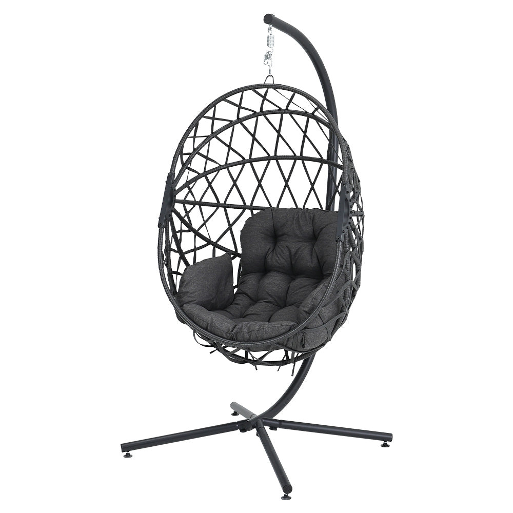 Black Rattan Patio Swing Chairs with Stand and Cushion