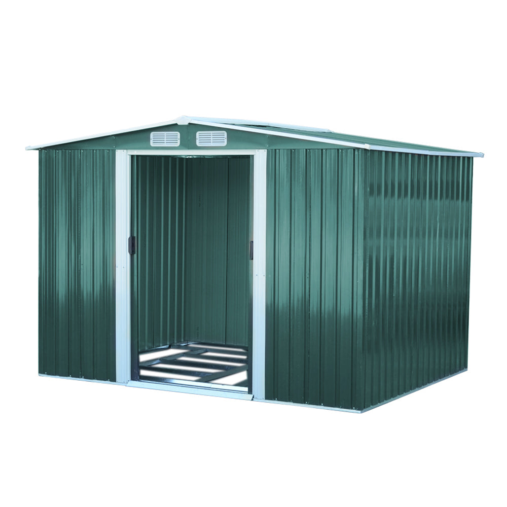 10x8ft Metal Garden Storage Shed with Apex Roof & Sliding Doors