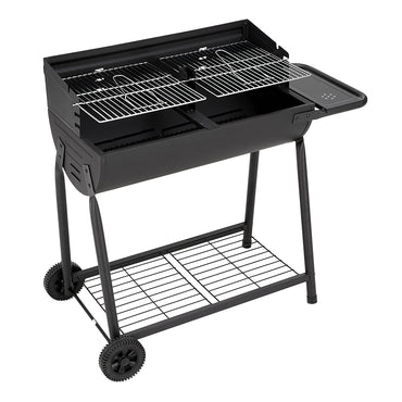 Charcoal Grill with Wheels and Side Table – Black Portable Outdoor BBQ with Clean White Background