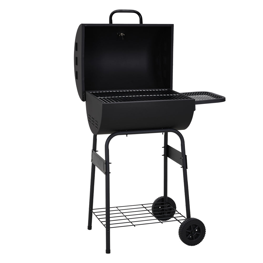 Garden portable charcoal BBQ grill with built-in thermometer and side prep panels – ideal for outdoor patio grilling, white background