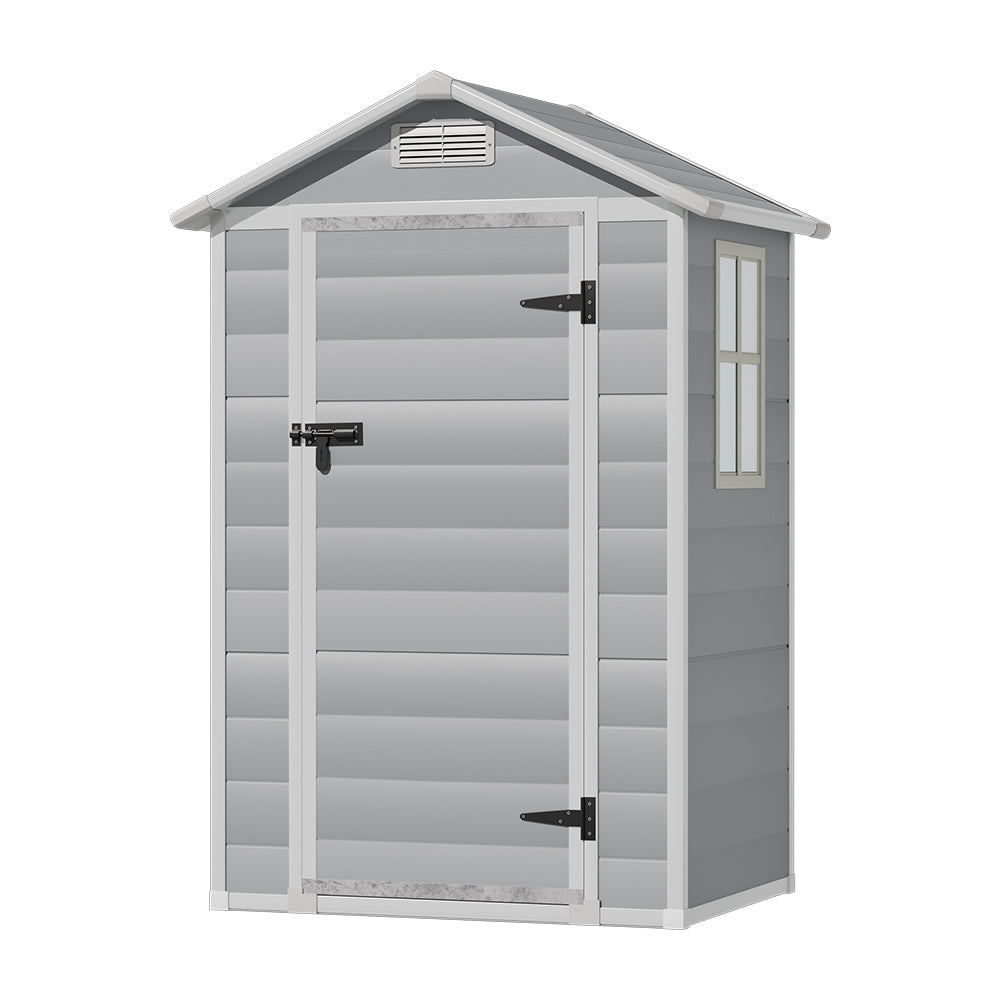 Freestanding 4x3ft grey plastic outdoor tool shed – durable resin storage with hinged lockable door